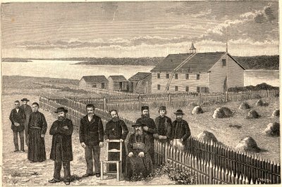 Bishop Isidore Clut (1832-1903), R.P. Le Corre and other members of the Providence Mission in Athabaska Mackenzie (Athabaska-Mackenzie) in Canada at the end of the 19th century. Engraving in “Les Missions Catholiques au XIXeme Siecle”” by Louis-Eugene (Lou av Anonymous Anonymous