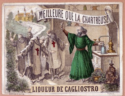 Cagliostro-likør laget av destillasjon av aromatiske urter av munker. kromolitografi fra 1800-tallet. av Anonymous Anonymous