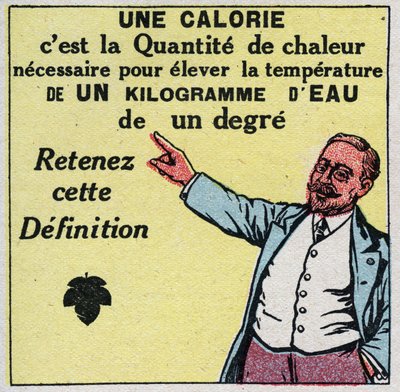 Kalorimetri: en kalori er mengden varme som trengs for å heve temperaturen på ett kilo vann med én grad. Anonym illustrasjon fra 1925. Privat samling. av Anonymous Anonymous