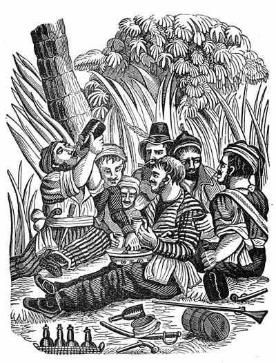 Kaptein Bartholomew Roberts mannskap hviler nær Old Calabar River, sent på 1600-tallet. Gravering av "" Piratens egen bok"" 1837. av Anonymous Anonymous