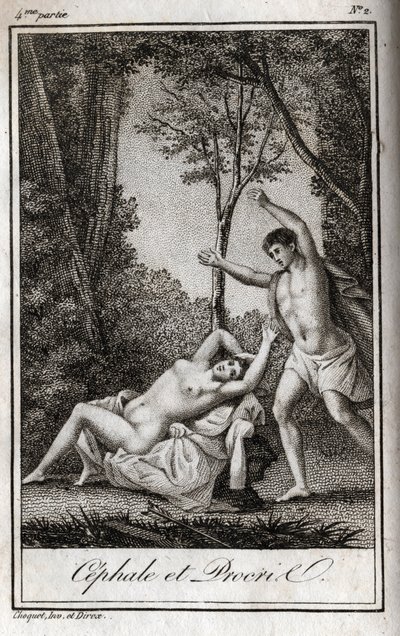 Cephale og Procris (Cephalus) elskere. Gravering fra 1819 i «Lettres a Emilie sur la mythologie» av Charles Albert Demoustier (1760-1801). Privat samling. av Anonymous Anonymous