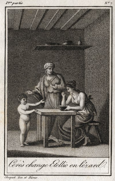 Ceres endrer Stellion til en lezard. Gravering fra 1819 i «Lettres a Emilie sur la mythologie» av Charles Albert Demoustier (1760-1801). Privat samling. av Anonymous Anonymous