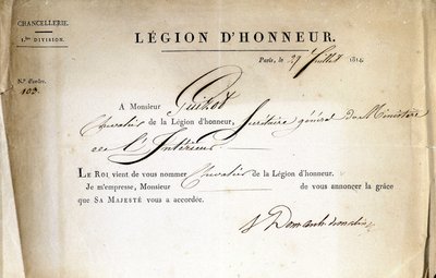 Sertifikat for levering av Legion of Honor til Guizot, generalsekretær i innenriksdepartementet, 21.07.1814. av Anonymous Anonymous