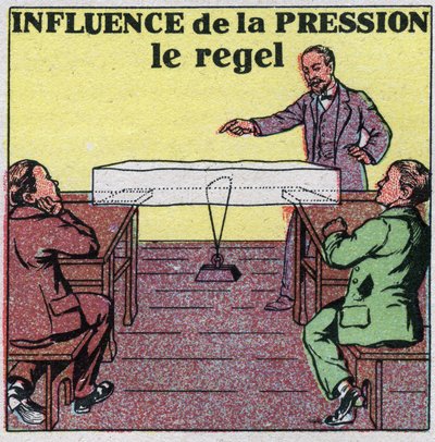Changes in states: influence of pressure on fusion. Experience the regel or a wire stretched by a weight passes through a piece of ice without breaking it. Anonymous illustration from 1925. Private collection. av Anonymous Anonymous