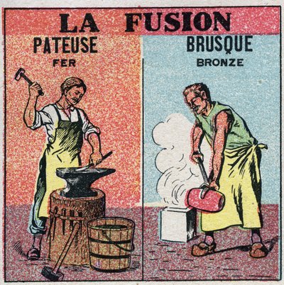 Changes in states: shading melting of iron and abrupt melting of bronze. Anonymous illustration from 1925. Private collection. av Anonymous Anonymous