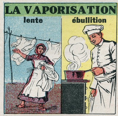 Changes in states: slow vaporization (wind action) or boiling (heat under a pan). Anonymous illustration from 1925. Private collection. av Anonymous Anonymous