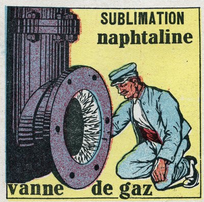 Endringer i tilstander: sublimering. Naftalindepot som tetter en gassventil. Anonym illustrasjon fra 1925. Privat samling. av Anonymous Anonymous