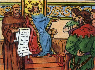 Charles IV the Bel (1294-1328) påla herrene sin vilje. Anonym illustrasjon i ""Samling av Frankrikes suverene og statsoverhoder"". Det 20. århundre. Privat samling. av Anonymous Anonymous