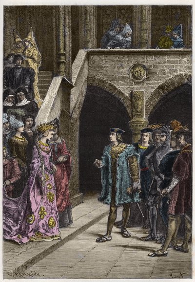 Charles VIII og Anne av Bretagne - Møte mellom kong Charles VIII (1470-98) og dronning Anne av Bretagne - gravering fra "" Frankrikes historie fortalt til mine barnebarn"" - av Francois Guizot - 1872-1876 av Anonymous Anonymous