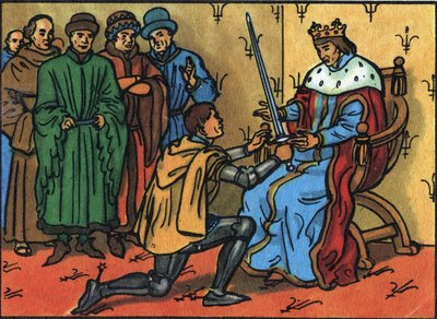 Charles V. De vise (1338-1380) overlater høytidelig konstabelens sverd til Bertrand du Guesclin (1320-1380). Anonym illustrasjon i ""Samling av Frankrikes suverene og statsoverhoder"". Det 20. århundre. Privat samling. av Anonymous Anonymous