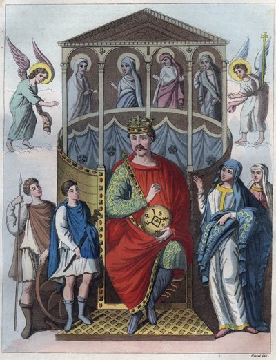 Karl den skallede, kongen av Vest-Frankrike, Italia, og den hellige romerske keiser, 823 - Portrett av Karl II den skallede (823 - 877), konge av Frankrike, gravering fra "" Skikker og skikker til alle folkeslag i universet. Det er historien til regjeringe av Anonymous Anonymous