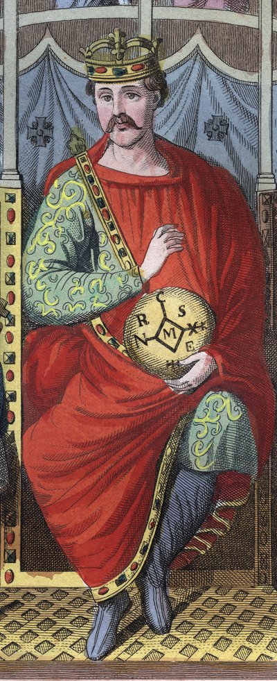 Karl den skallede, kongen av Vest-Frankrike, Italia, og den hellige romerske keiseren, 823 - Portrett av Karl II den skallede (823 - 877), konge av Frankrike, gravering fra "" Skikker og skikker til alle folkeslag i universet. Det er historien til regjerin av Anonymous Anonymous