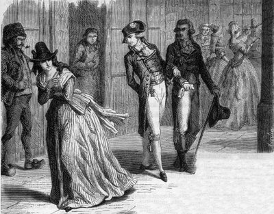 Charlotte Corday hos knivmakeren Badin, under arkadene til Palais-Royal i 1793 - Gravering i "Histoire des Girondins"" av Alphonse de Lamartine (1790-1869) 1865-1866 - Privat samling av Anonymous Anonymous