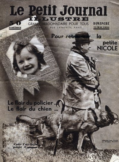 Chaumonts saker: politihunder trener for å finne sporet til savnede barn (her, jenta Nicole) og banditter. Omslag fra "" Le petit journal illustrious"" fra 12.05.1935 Samling privee av Anonymous Anonymous