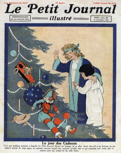 Julefest: barn oppdager gaver ved foten av juletreet. Illustrasjon hentet fra “” Le petit journal”” fra 25/12/1921 Samling privee av Anonymous Anonymous