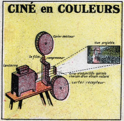 Kinematograf: en enhet oppfunnet av Leon Gaumont (1864-1946) og brukes til å projisere filmer i farger. Anonym illustrasjon fra 1925. Privat samling. av Anonymous Anonymous