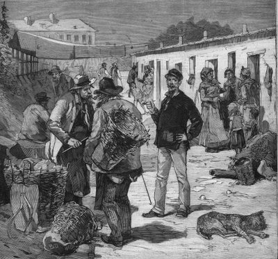 By med ragplukkere i Clichy, Paris. Gravering i "" Le petit parisien"" 7.08.1892. Privat samling av Anonymous Anonymous