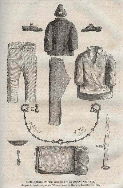 Klær og strykejern mottatt av en styrke som ankom bagne de Rochefort på 1800-tallet (fra den originale tegningen av Clemans, forcat du bagne i 1840). Gravering i "Historien om straffedømte fra deres skapelse til i dag" (1877) av Pierre Zaccone (18 av Anonymous Anonymous