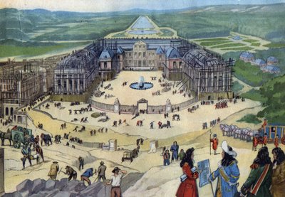 Construction of the castle of Versailles in 1678 following the plans of Jules Hardouin Mansart in the foreground King Louis XIV. av Anonymous Anonymous