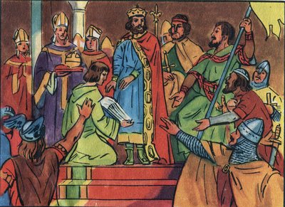 Kroningen av Hugues Capet (941-996) i Noyon i 987, av Adalberon (ca. 925-990), arkeveken til Reims. Denne kroningen markerte begynnelsen på Capetians-dynastiet, konger av Frankrike som gjenvant, enten direkte eller indirekte, i 8 år. Anonym illust av Anonymous Anonymous