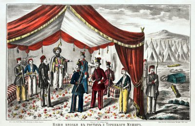 Kosakker på besøk til den tyrkiske Mushir etter slaget ved Kurekdere - Anonym - 1855 - Litografi, akvarell - 55,7x68 - Privat samling av Anonymous Anonymous
