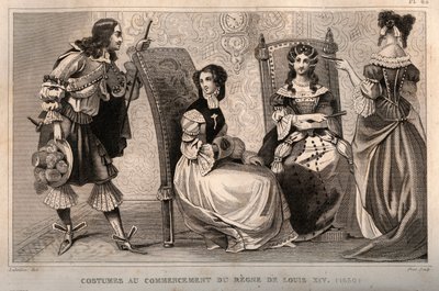 Kostymer i begynnelsen av Ludvig XIVs regne (1650). Gravering fra 1859 i “” Le Monde. Alle folkeslags historie fra de fjerneste tider til i dag». av M. E. de Lostalot-Bachoue (Lostalot Bachoue). Privat samling. av Anonymous Anonymous