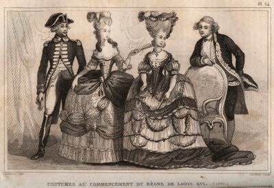 Kostymer i begynnelsen av Ludvig XVIs regne (1775). Gravering fra 1859 i “” Le Monde. Alle folkeslags historie fra de fjerneste tider til i dag». av M. E. de Lostalot-Bachoue (Lostalot Bachoue). Privat samling. av Anonymous Anonymous