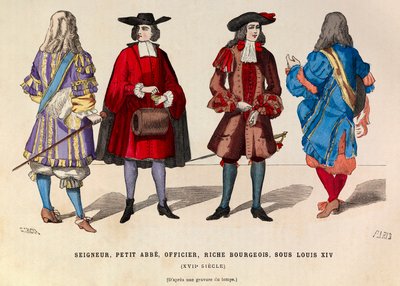Kostymer til Herren, lille abbe, offiser og rik borger i Paris under kong Ludvig XIVs regjeringstid på 1600-tallet - privat samling av Anonymous Anonymous
