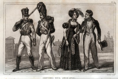 Kostymer under Louis XVIII. Gravering fra 1859 i “” Le Monde. Alle folkeslags historie fra de fjerneste tider til i dag». av ME de Lostalot-Bachoue (Lostalot Bachoue). Privat samling. av Anonymous Anonymous