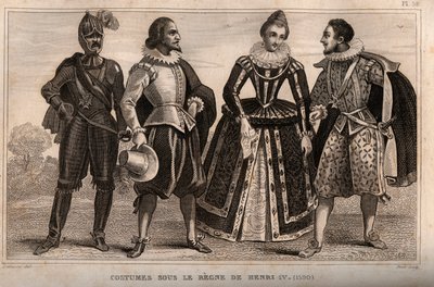 Kostymer under styret til Henry IV (1590). Gravering fra 1859 i “” Le Monde. Alle folkeslags historie fra de fjerneste tider til i dag». av M. E. de Lostalot-Bachoue (Lostalot Bachoue). Privat samling. av Anonymous Anonymous