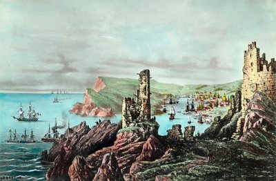 Crimee War: utsikt over Balaklava havn i Crimee. Gravering rundt 1854-1855. Privat samling av Anonymous Anonymous