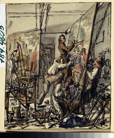 I en kunstners atelier. Anonym tegning. Akvarell og blekk på papir av Anonymous Anonymous