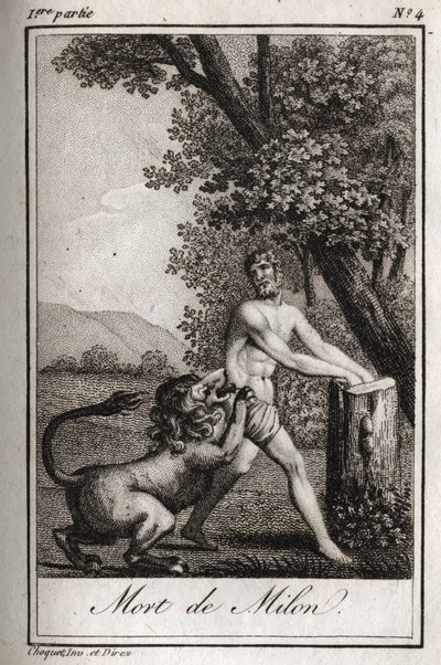 Death of Milon de Crotone (Milo of Croton) devore by a wolf. Engraving from 1819 in “Lettres a Emilie sur la mythologie” by Charles Albert Demoustier (1760-1801). Private collection. av Anonymous Anonymous