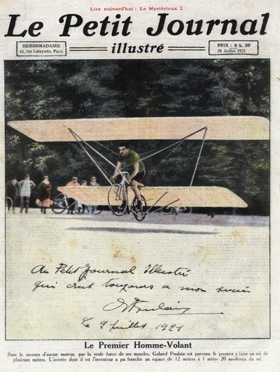 Dedikert portrett av den franske oppfinneren og syklisten Gabriel Poulain ombord på sin "aviette", en sykkel utstyrt med biplanvinger som gjorde at han kunne fly noen meter uten motor. Illustrasjon hentet fra "" Le petit journal illustrious"" av 24.07.1921 av Anonymous Anonymous