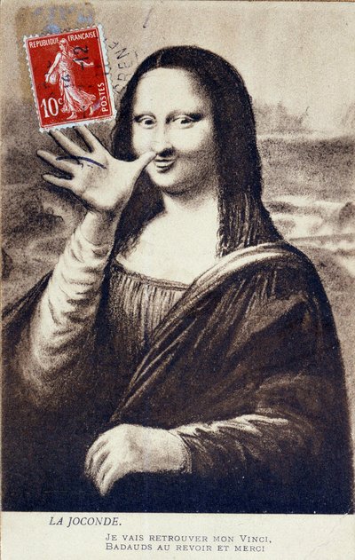 Omkjøringsrepresentasjon av "" The Mona Lisa"" av Leonardo da Vinci (Leonardo da Vinci) (1452-1519): Mona Lisa (Monna Lisa) hilsen for å markere hennes avgang for å finne hennes "" Vinci"". Komediepostkort redigert p av Anonymous Anonymous