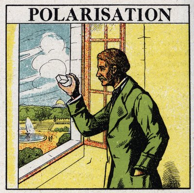 Double refraction: Etienne Louis Malus (1775-1812) observes through a spath the light of the setting sun reflected by the glass windows of Luxembourg in 1808. Anonymous illustration from 1925. Private collection. av Anonymous Anonymous
