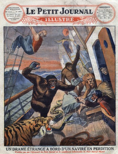 Drama om den franske rutebåten "" Saint Etienne"": gorillaer, tiger, løve og slange bestemt til engelske zoologiske hager rømte fra buret deres og angrep mannskapets medlemmer. "" Gravering. En av "The Little Journal Illustrates" av Anonymous Anonymous
