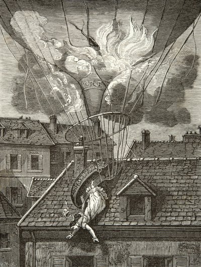 Dramatisk død av Madame Sophie Blanchard (1778-1819), aeronaute 6. juli 1819 over hagene til Tivoli i Paris, gravering, privat samling av Anonymous Anonymous