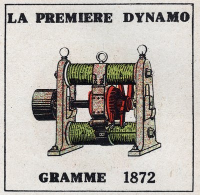 Dynamo: den første dynamoen oppfunnet av Zenobe Theophile Gram (1826-1901) i 1872. Anonym illustrasjon fra 1925. Privat samling. av Anonymous Anonymous