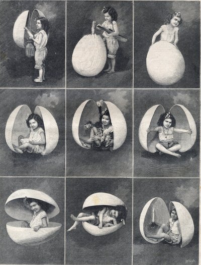 Påskeegg: en liten jente i et egg. Gravering i "" Le Petite Parisien"" av Anonymous Anonymous