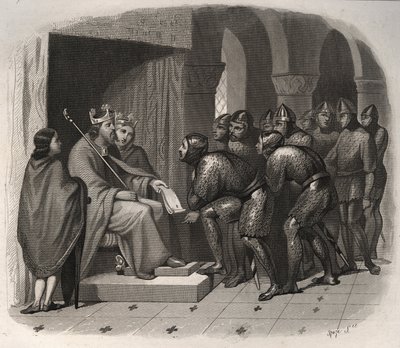Edward the Confessor (en av de siste angelsaksiske konger av England) - St. Edward the Confessor (1004-1066) som gir nye lover til sitt folk. Gravering fra 1846 i "" Lives of the saints"". Privat samling. av Anonymous Anonymous