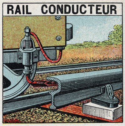 Electric railways: conductive rail. Anonymous illustration of 1925. Private collection. av Anonymous Anonymous