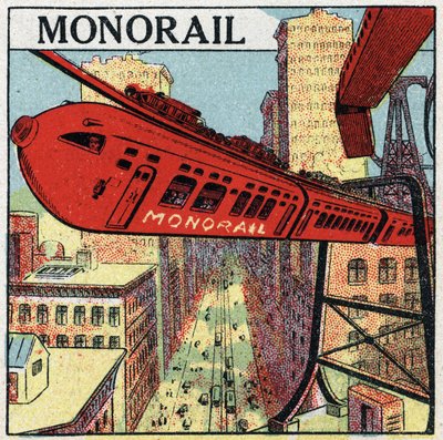 Electric railways: project for a monorail circulating in a city. Anonymous illustration from 1925. Private collection. av Anonymous Anonymous