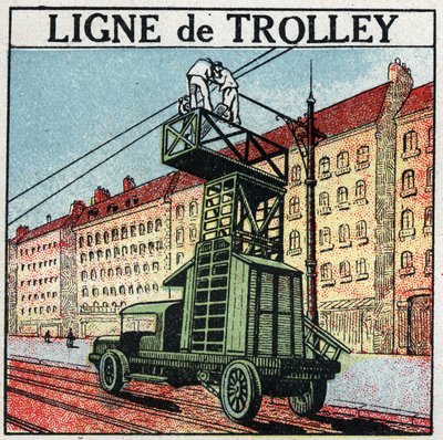 Electric trams: a trolley line. Anonymous illustration from 1925. Private collection. av Anonymous Anonymous