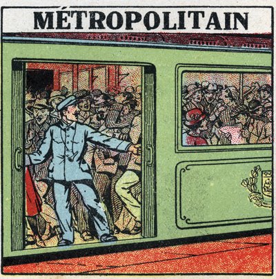 Elektriske trikker: passasjerer hoper seg opp i Metropolitain i Paris. Anonym illustrasjon fra 1925. Privat samling. av Anonymous Anonymous