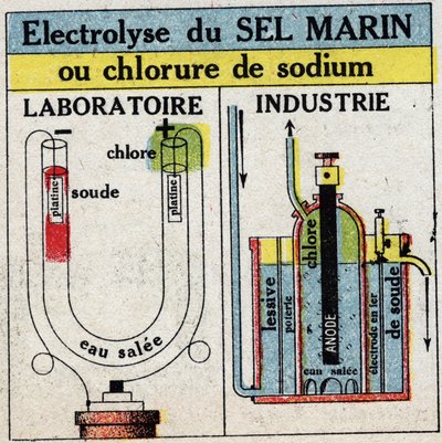 Elektrokjemi: elektrolyse av havsalt eller natriumklorid. Anonym illustrasjon fra 1925. Privat samling. av Anonymous Anonymous