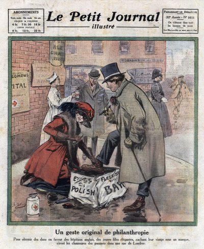 Elegante unge jenter, ansiktet deres gjemmer seg bak en maske, vokser skoene til London forbipasserende for å samle inn penger til engelske sykehus. Illustrasjon hentet fra "" Le petit journal illustrious""" av 06/11/1921. Privat samling av Anonymous Anonymous