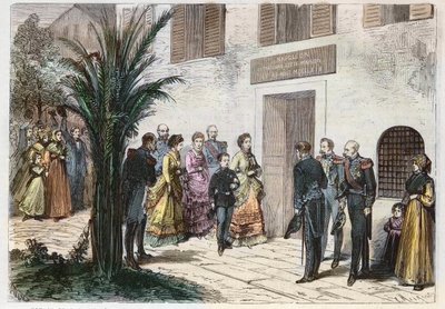 Keiserinne Eugenia og prins keiserlige Louis Napoleon besøker huset der Napoleon I ble født, i Ajaccio, Korsika, Frankrike 1869 - reise til den keiserlige og keiserlige prinsen - besøk til hjemmet til Napoleon I til Ajaccio - 1869 av Anonymous Anonymous
