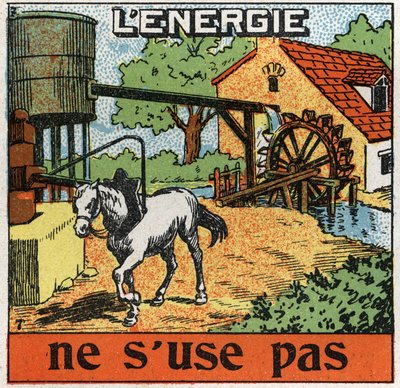 Energy does not wear out: horse attaches to a manege and hears water in a reservoir. Anonymous illustration from 1925. Private collection. av Anonymous Anonymous