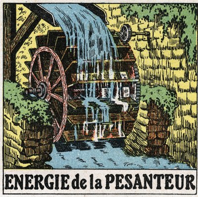 Energy of gravity: wheel of a water mill. Anonymous illustration from 1925. Private collection. av Anonymous Anonymous